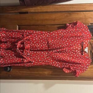 Red Belter Floral Dress with Ruffle Sleeves